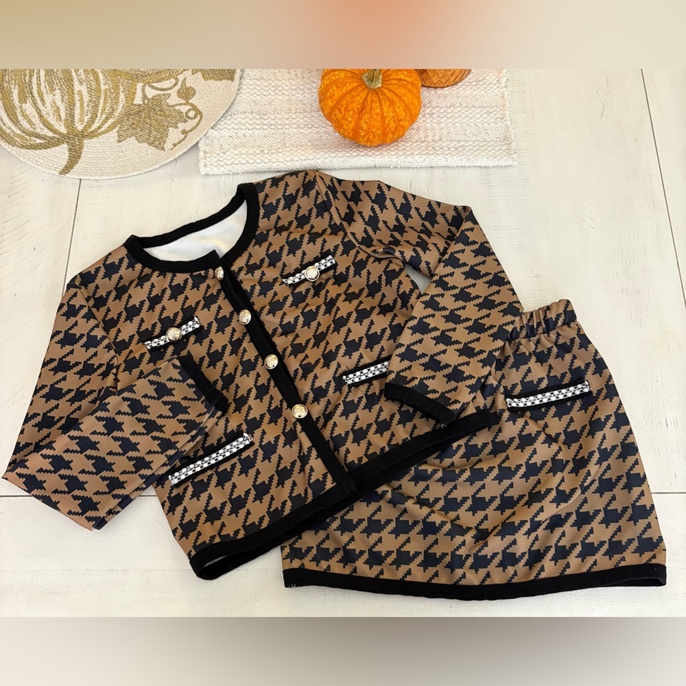 Brown and Black Houndstooth Cardigan and Skirt Set
